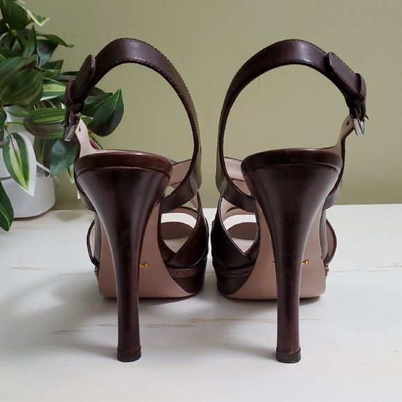 Prada | Brown Vit Shine Leather Platform Slingback Strappy Heels Sz 37 - Picture 9 of 13
